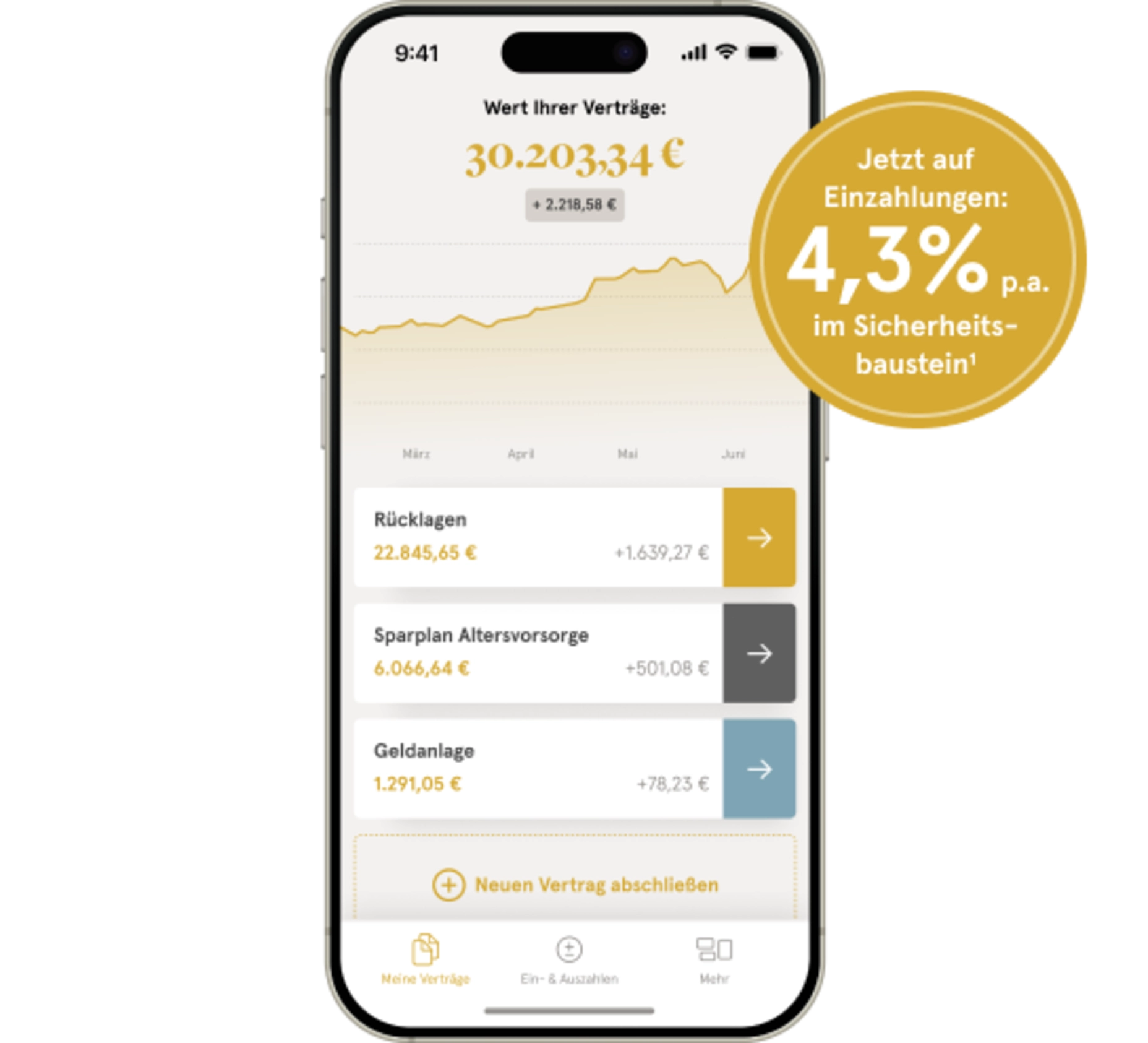 Handy mit Inzupsatur Vertrag und rechts daneben runder Störer mit Hinweis auf Verzinsung bei Einzahlungen